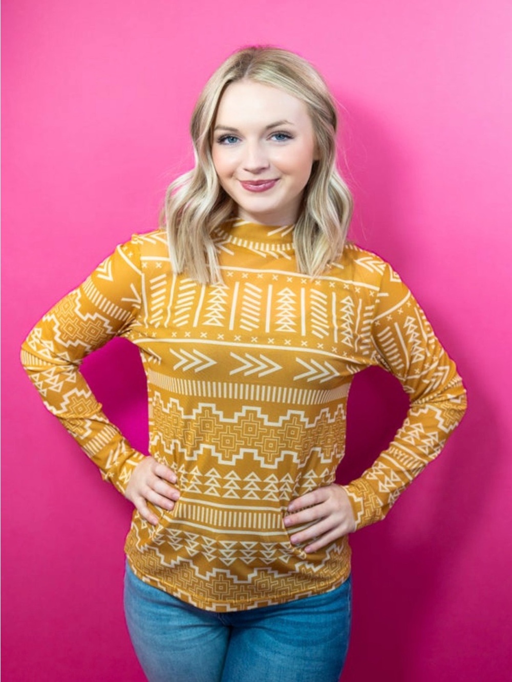 Mustard Geometric Long-Sleeve Top - Women's Stylish Mesh